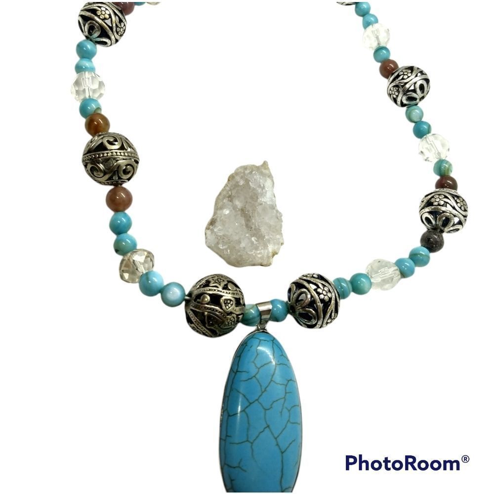 ❤️Turquoise princess silver orb filigree necklace
