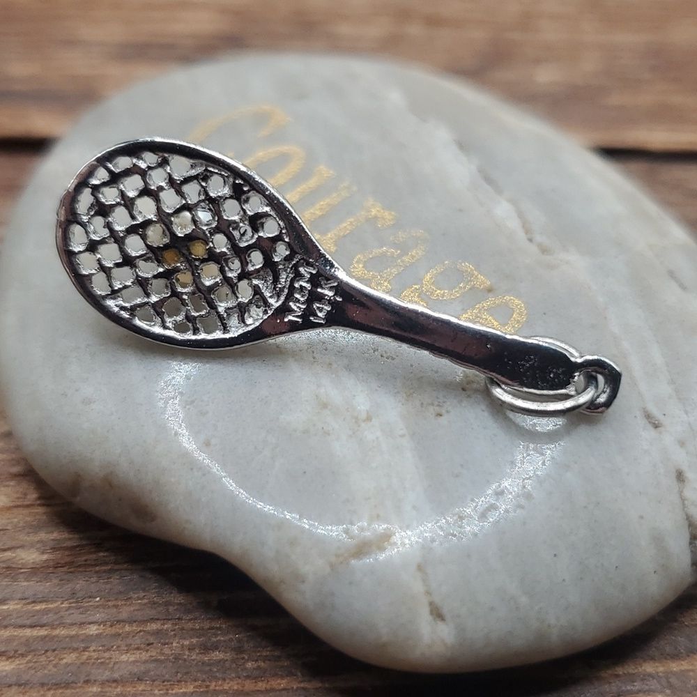 14k white solid gold tennis‎ racket pearl pendant singed M&M