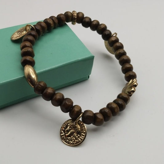 Wooden pebble empress coin bracelet B1007