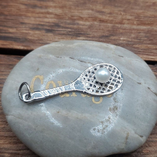 14k white solid gold tennis‎ racket pearl pendant singed M&M